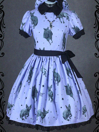 Lavender short sleeved dress with bat and sphinx cat print