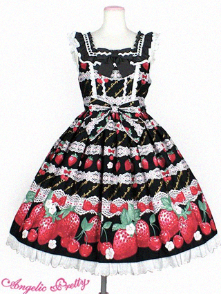 Black dress with red strawberries and white lace details