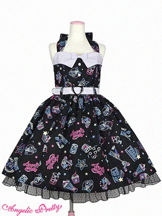 Kitschy pin up esque dress with neon signs print