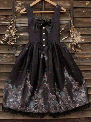 Long black dress with cemetary print
