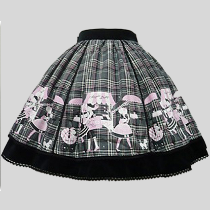 Black and grey tartan skirt with velveteen detailing and pink lolita and poodle print