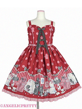 Red dress with pink polka dots, grey details and poodle print