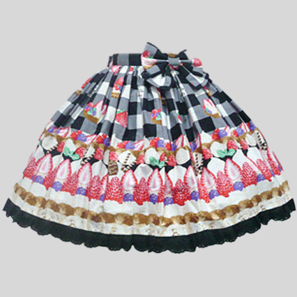 Strawberry print skirt with big gingham in black and white