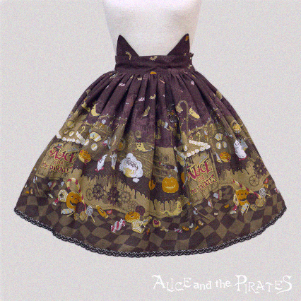 Burgundy skirt with a spooky sweets factory print and cat ear waist band